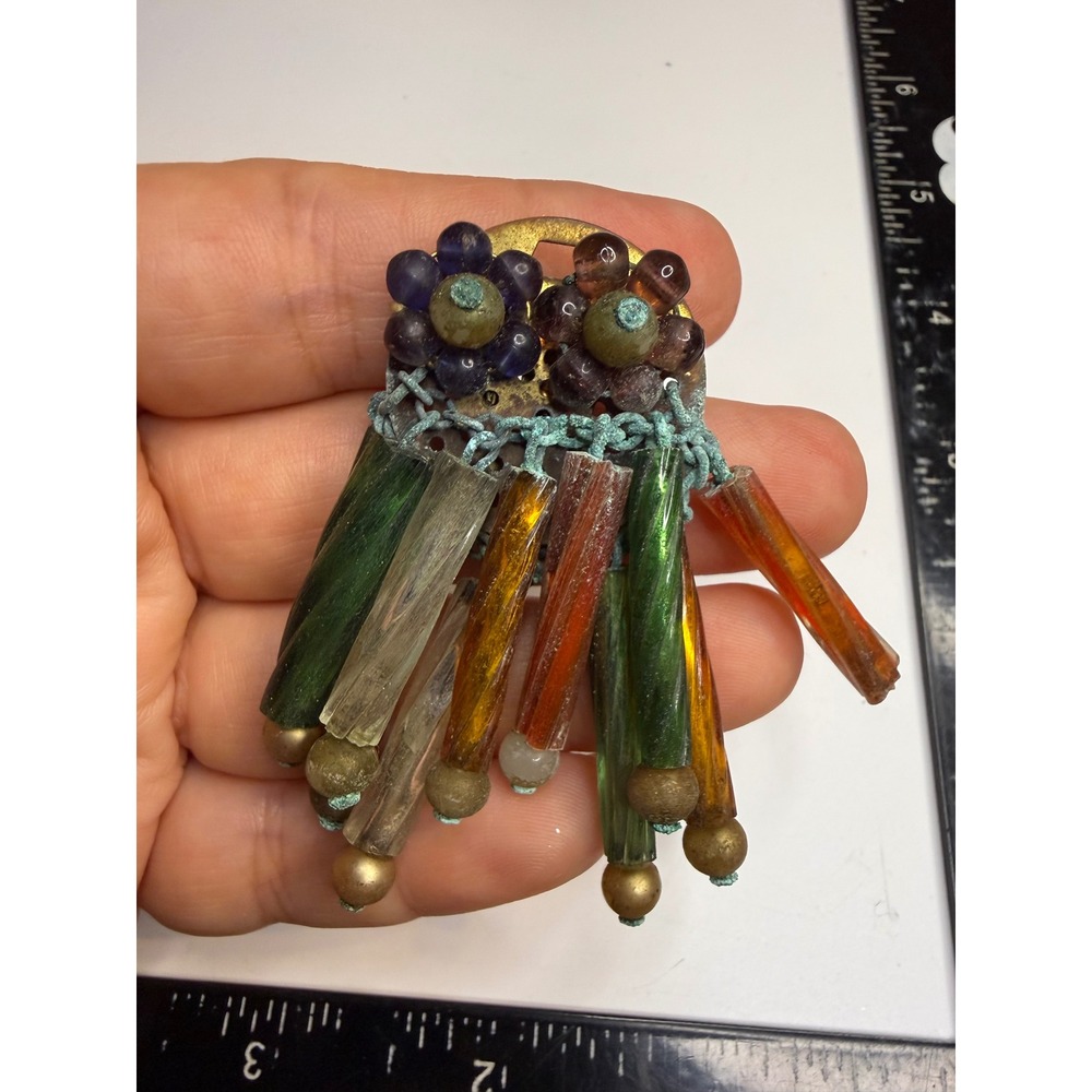 Antique Multi Color Glass Bead Fur Clip Floral Brass Fringe Dress Clip Statement
